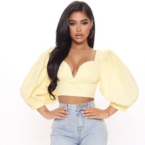 NWT Fashion nova Lover’s Cove Bustier Long Balloon Sleeve olive crop‎ top L